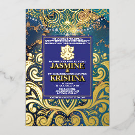 LuxGlitter Blue Gold Hindu Ganesha Indian Wedding Folieneinladung