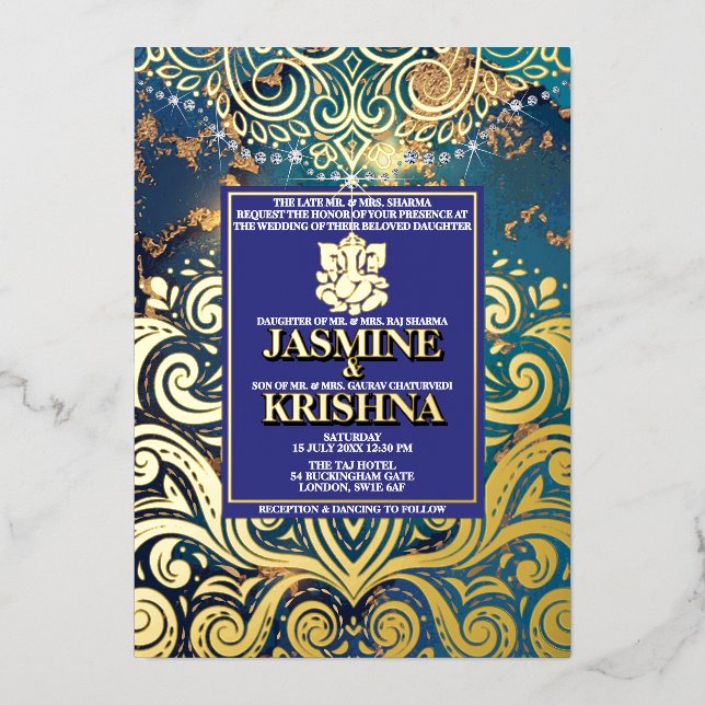 LuxGlitter Blue Gold Hindu Ganesha Indian Wedding Folieneinladung (Vorderseite)