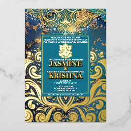 LuxGlitter Blue Gold Hindu Ganesha Indian Wedding Folieneinladung