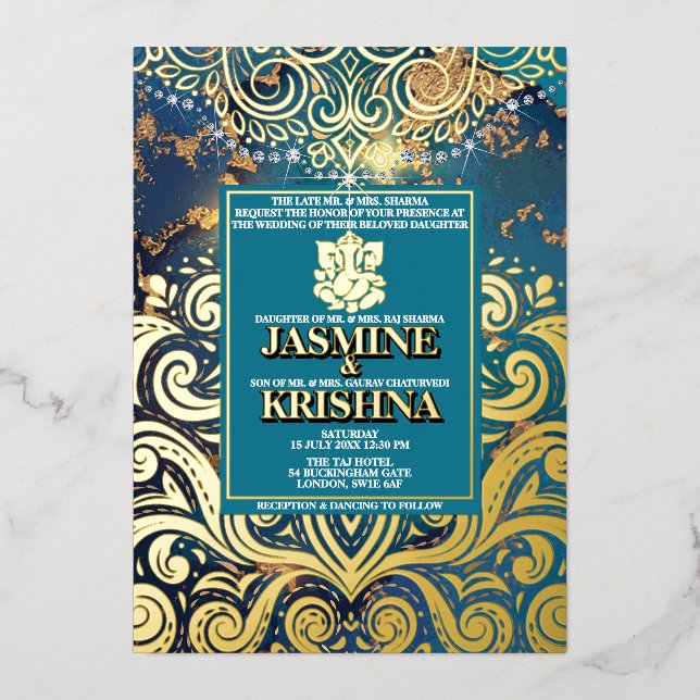 LuxGlitter Blue Gold Hindu Ganesha Indian Wedding Folieneinladung (Vorderseite)