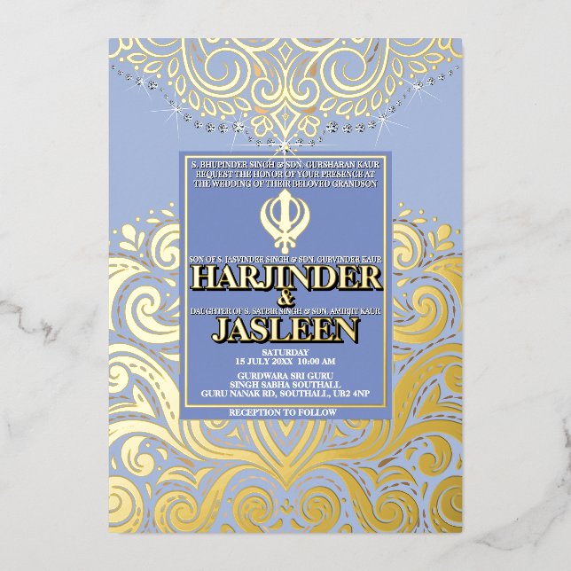 LuxGlitter Blue Gold Sikh Anand Karaj Wedding Folieneinladung (Vorderseite)