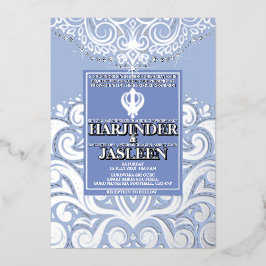 LuxGlitter Blue Silver Sikh Anand Karaj Wedding Folieneinladung