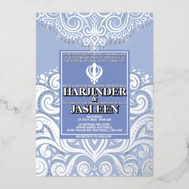 LuxGlitter Blue Silver Sikh Anand Karaj Wedding Folieneinladung (Vorderseite)