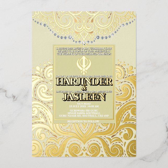 LuxGlitter Ivory Gold Sikh Anand Karaj Wedding Folieneinladung (Vorderseite)