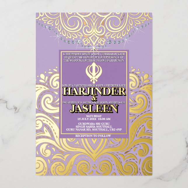 LuxGlitter Lavender Gold Sikh Anand Karaj Wedding Folieneinladung (Vorderseite)