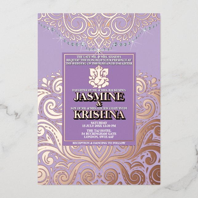 LuxGlitter Lavender PinkGold Ganesha Hindu Wedding Folieneinladung (Vorderseite)