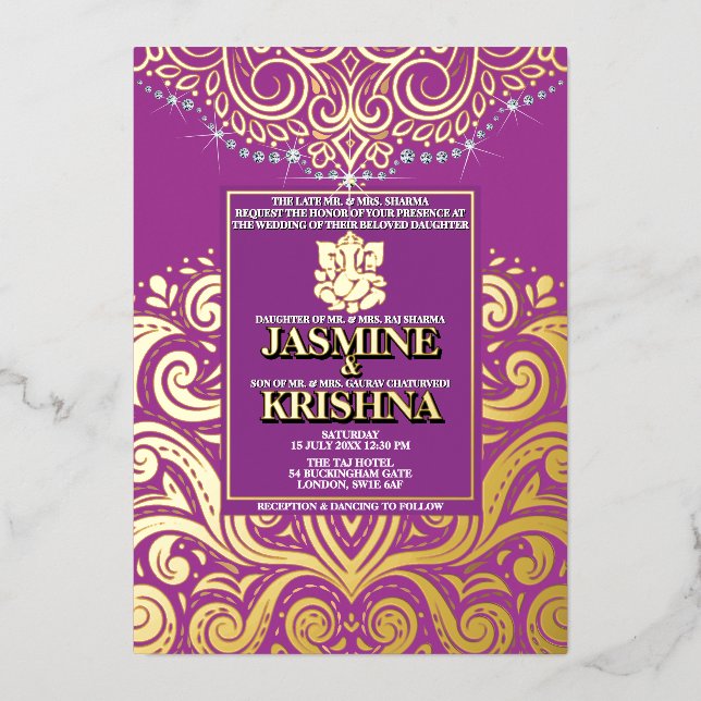 LuxGlitter Lila Ganesha Hindu Wedding Folieneinladung (Vorderseite)