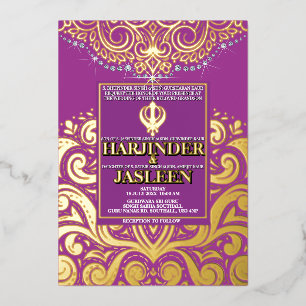 LuxGlitter Lila Gold Sikh Anand Karaj Wedding Folieneinladung