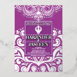 LuxGlitter Lila Silver Sikh Anand Karaj Wedding Folieneinladung