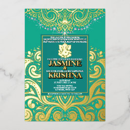 LuxGlitter Peacock Gold Ganesha Hindu Wedding Folieneinladung