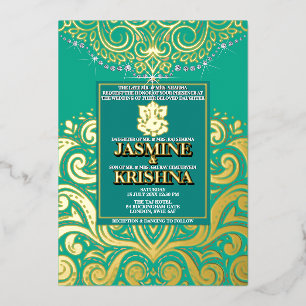 LuxGlitter Peacock Gold Ganesha Hindu Wedding Folieneinladung