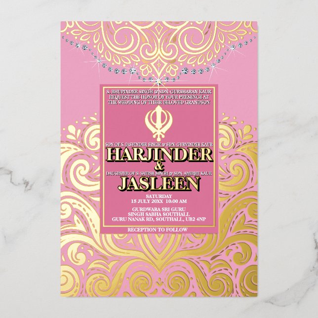 LuxGlitter Pink Gold Sikh Anand Karaj Wedding Folieneinladung (Vorderseite)
