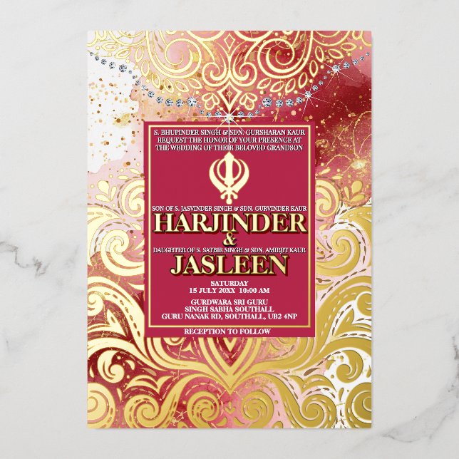 LuxGlitter Pink & Gold Sikh Anand Karaj Wedding Folieneinladung (Vorderseite)