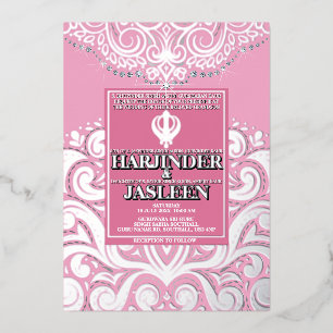 LuxGlitter Pink Silver Sikh Anand Karaj Wedding Folieneinladung
