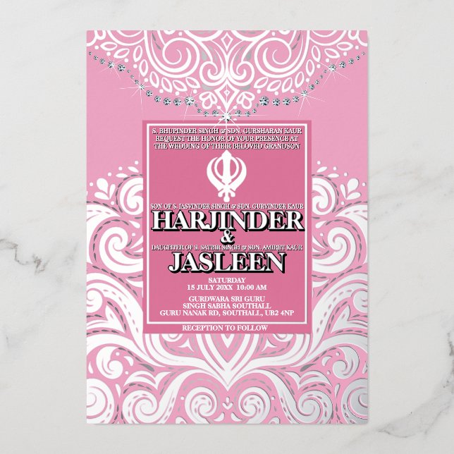 LuxGlitter Pink Silver Sikh Anand Karaj Wedding Folieneinladung (Vorderseite)
