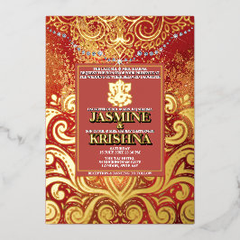 LuxGlitter Red Gold Hindu Ganesha Indian Wedding Folieneinladung
