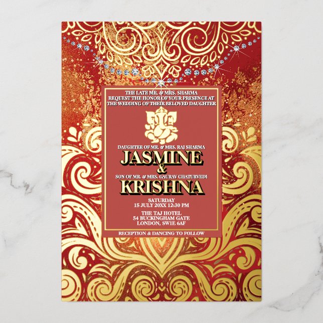 LuxGlitter Red Gold Hindu Ganesha Indian Wedding Folieneinladung (Vorderseite)