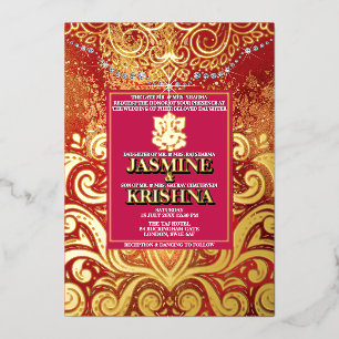 LuxGlitter Red Gold Hindu Ganesha Indianer Folieneinladung