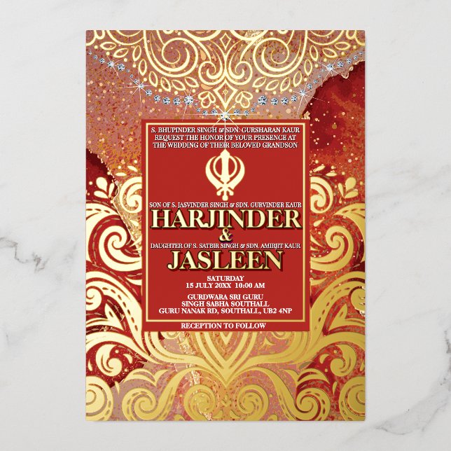 LuxGlitter Red Sikh Anand Karaj Indian Wedding Folieneinladung (Vorderseite)