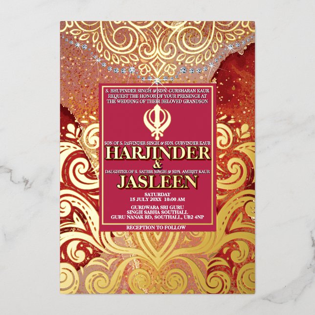 LuxGlitter Red Sikh Anand Karaj Indian Wedding Folieneinladung (Vorderseite)