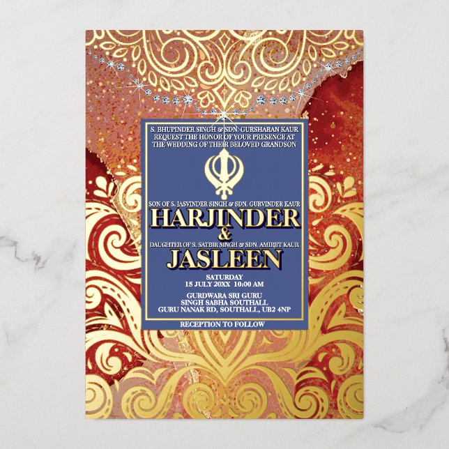 LuxGlitter Red Sikh Anand Karaj Indian Wedding Folieneinladung (Vorderseite)