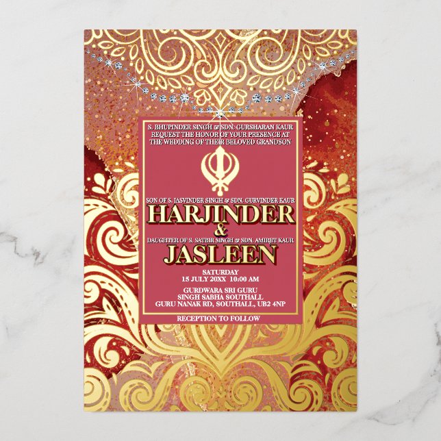 LuxGlitter Red Sikh Anand Karaj Indian Wedding Folieneinladung (Vorderseite)