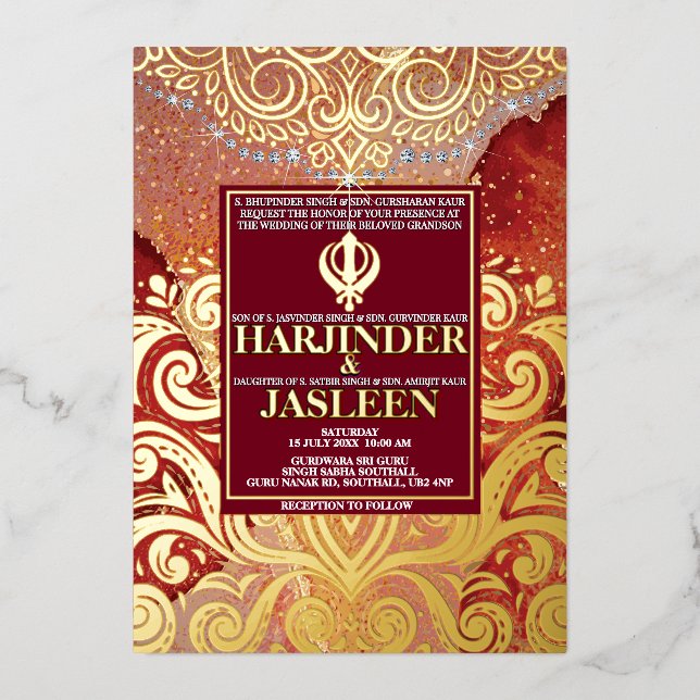 LuxGlitter Red Sikh Anand Karaj Indian Wedding Folieneinladung (Vorderseite)