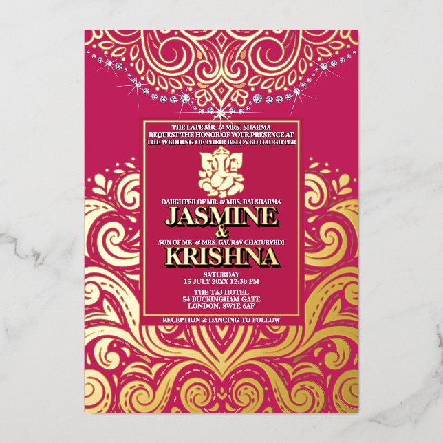 LuxGlitter Rose Pink Ganesha Hindu Wedding Folieneinladung (Vorderseite)