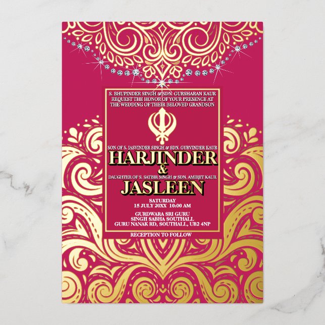 LuxGlitter Rose Pink Gold Sikh Anand Karaj Wedding Folieneinladung (Vorderseite)