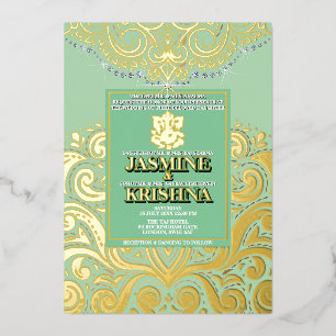 LuxGlitter Sage Green Gold Ganesha Hindu Wedding Folieneinladung