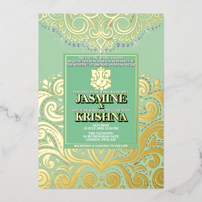 LuxGlitter Sage Green Gold Ganesha Hindu Wedding Folieneinladung (Vorderseite)