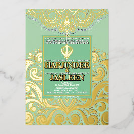 LuxGlitter Sage Green Gold Sikh Anand Karaj Weddin Folieneinladung