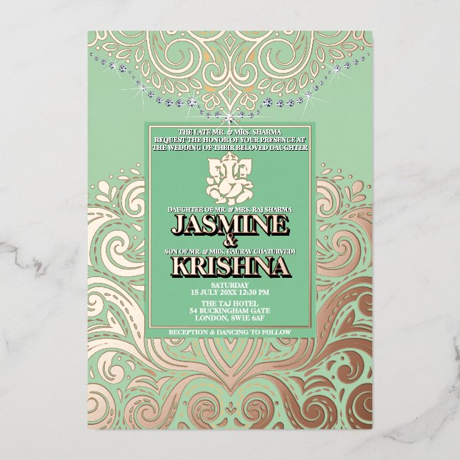LuxGlitter Sage PinkGold Ganesha Hindu Wedding Folieneinladung (Vorderseite)