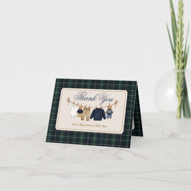 Luxsary Teddy Bear Plaid Baby Shower Dankeskarte (Vorderseite)