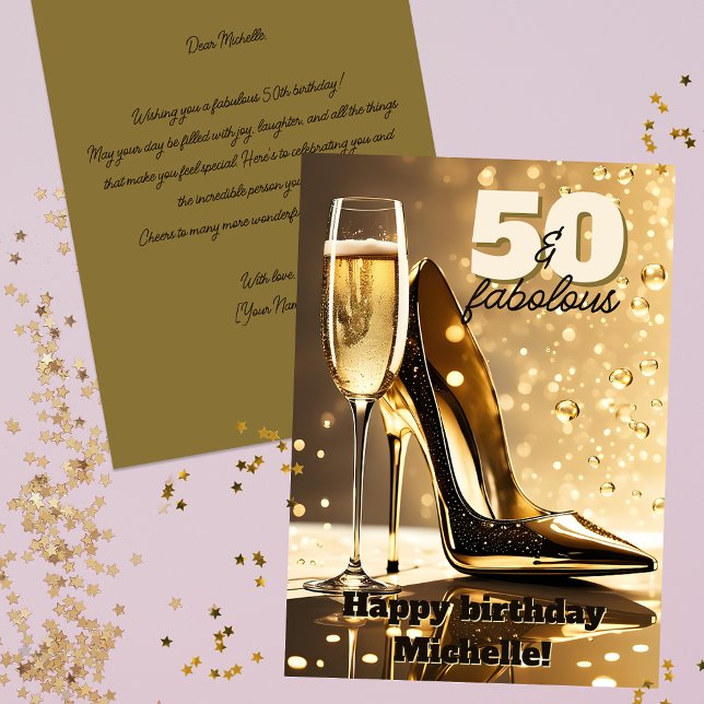 Luxueuse Gold Stiletto Champagne 50 Carte Annivers (Créateur téléchargé)