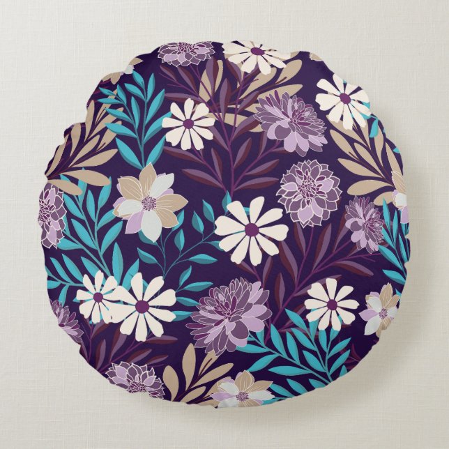 Luxueux Coussin rond bordeaux & bleu jardin (Devant)