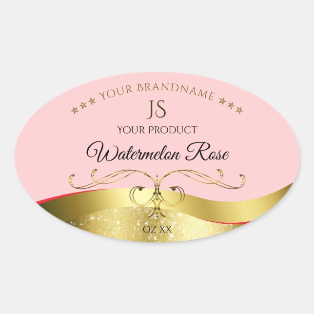 Luxueux Décor Wavy Gold Étiquette Monogramme rouge (Devant)