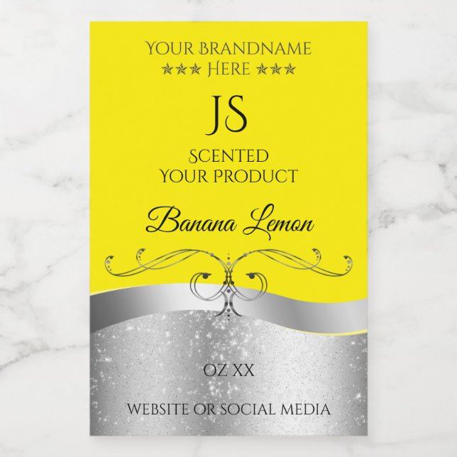 Luxueux Étiquette Monogramme Jaune Wavy Silver (Étiquettes simples)