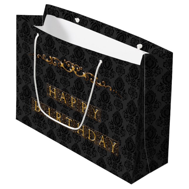 Luxuriös, elegant Schwarz und Gold Happy Birthday Große Geschenktüte (Vorderseite Schrägansicht)