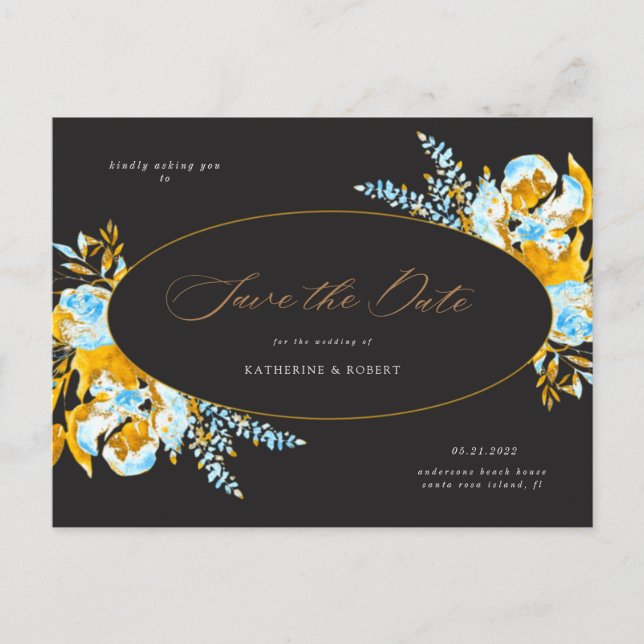 luxuriös goldtürkisfarbene Blumen Save the Date Postkarte (Vorderseite)