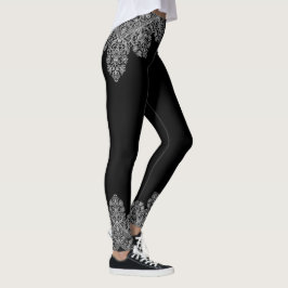 Luxuriös italienisches Spitzenmuster Weiß auf schw Leggings