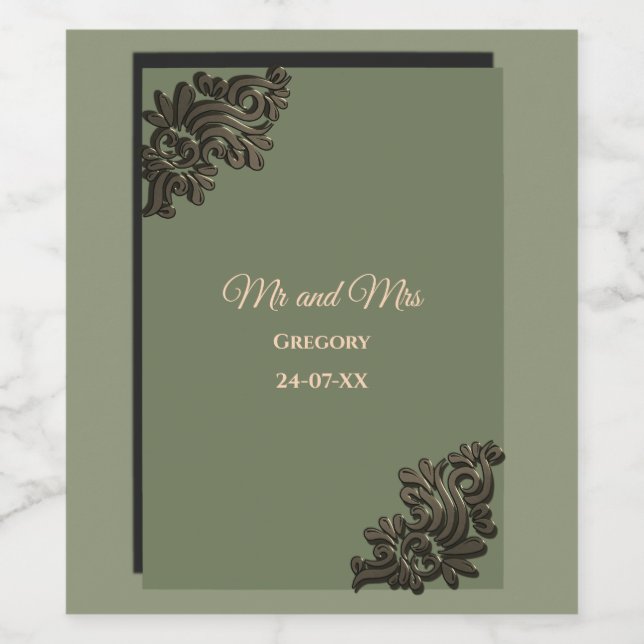 Luxuriös Modernes Sage Green & Gold Metall Weinetikett (Einzelnes Label)