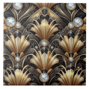 Luxuriös schwarze und goldene Art Deco Keramikflie Fliese