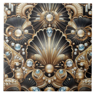 Luxuriös schwarze und goldene Art Deco Keramikflie Fliese