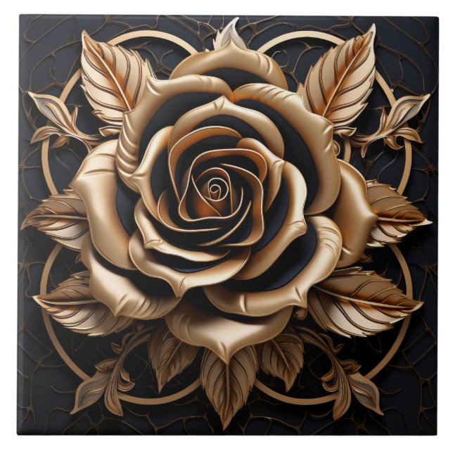Luxuriöse 3D-Rose aus schwarzem und goldfarbenem K Fliese (Vorderseite)