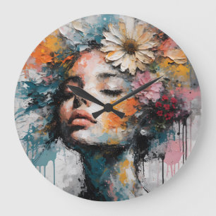 Luxuriöse abstrakte Blumen-Frauenporträt-Wandkunst Große Wanduhr