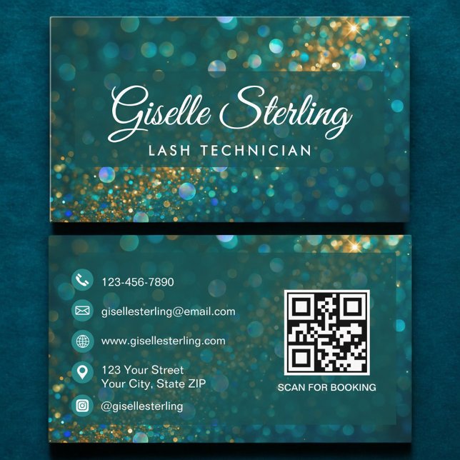 Luxuriöse Aquamarin Gold Glitzer Lash Tech QR Code Visitenkarte (Von Creator hochgeladen)