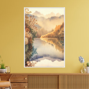 Luxuriöse Aquarell-Herbst-Bergsee Leinwanddruck