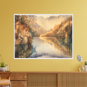 Luxuriöse Aquarell-Herbstlandschaft mit Bergsee Leinwanddruck