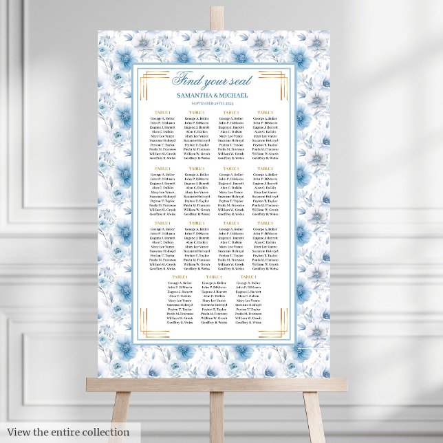 Luxuriöse Aquarelle Pastellblau Gold Seating Chart Poster (Luxury Watercolor Pastel Blue Gold Seating Chart)